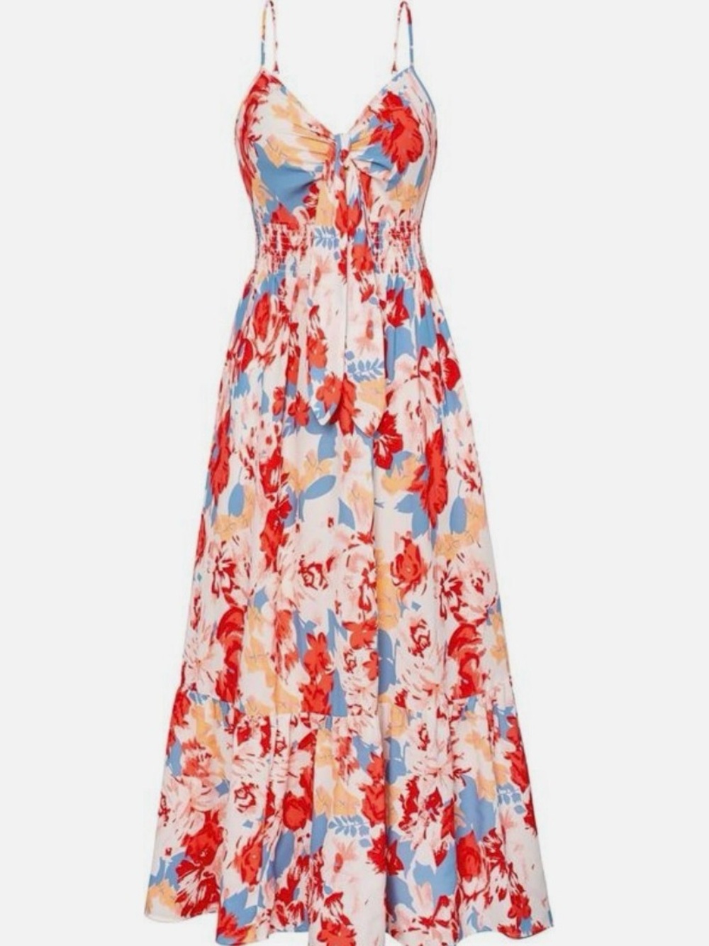 Floral Spaghetti-Strap Maxi Dress in Red and Blue